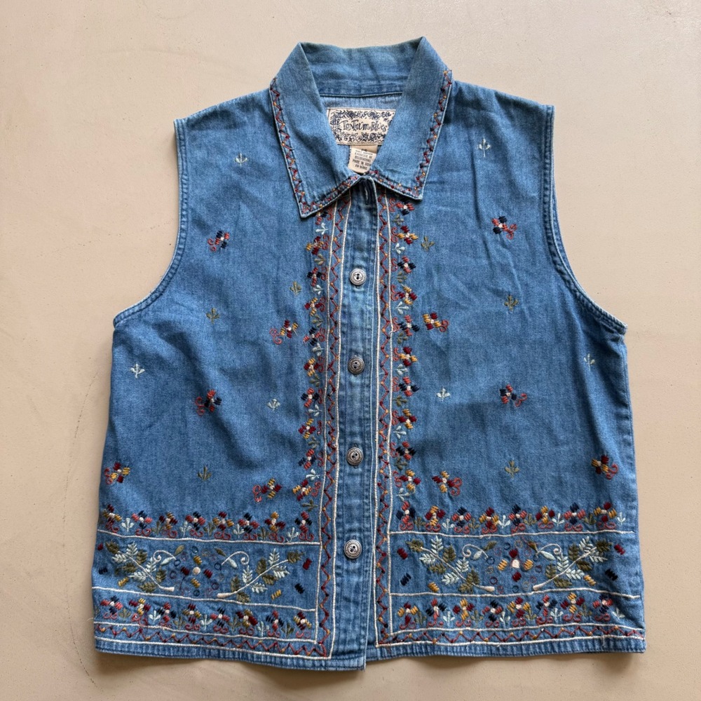 Embroidered Denim Vest Womens‎ PS Blue Floral Boho VTG 90s Festival Cottagecore - Picture 4 of 9